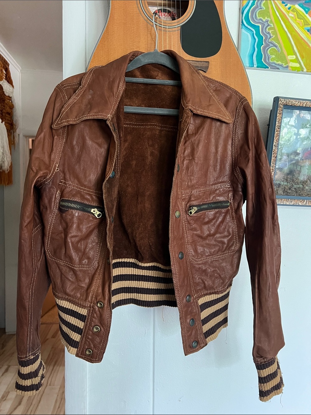 Brown Reversible Leather Suede Bomber Jacket Striped Knit Trim Woman Size Small - Picture 8 of 12